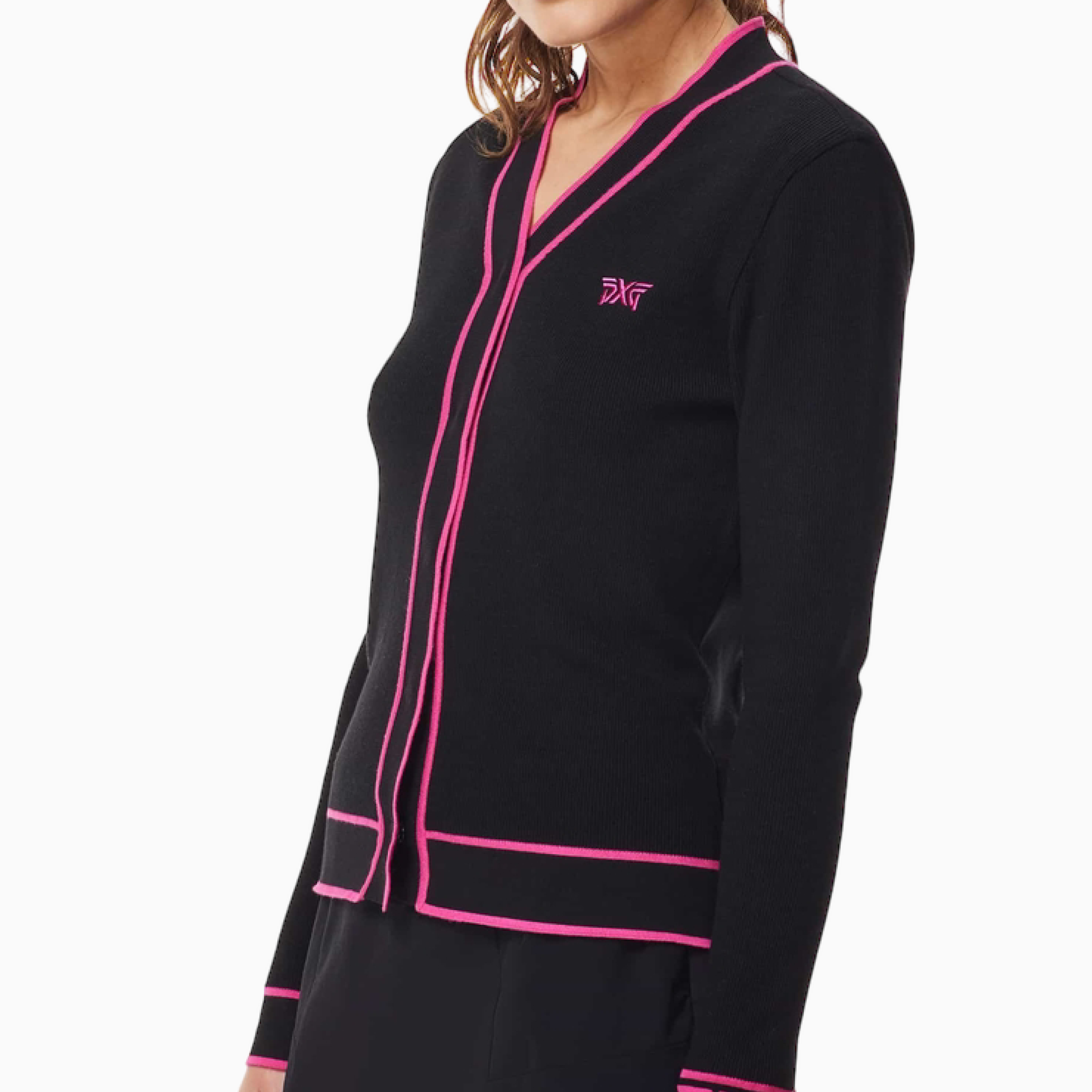 PXG Women's V Neck Pink/Black Cardigan
